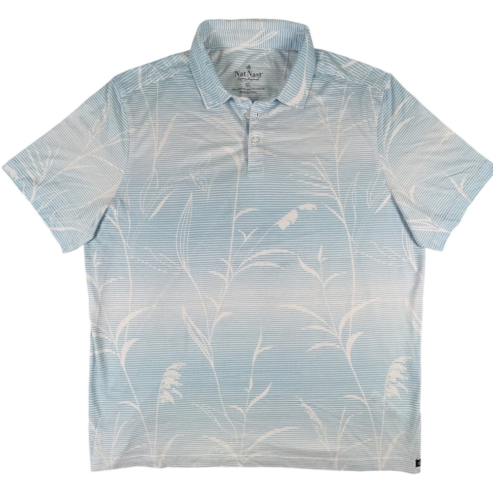 Nat Nast Polo Shirt Mens XL Blue Luxury Originals Botanical Leaf Print Cotton